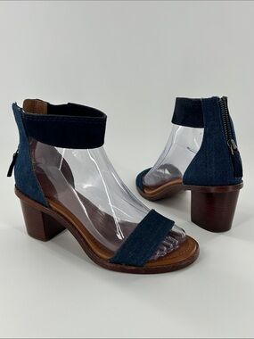 Frye Brielle Denim Leather Sandals Block Heel  Brown Blue 6M Boho Minimalist